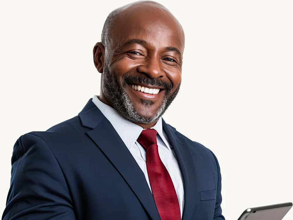 A professional in a suit reviewing information on a tablet